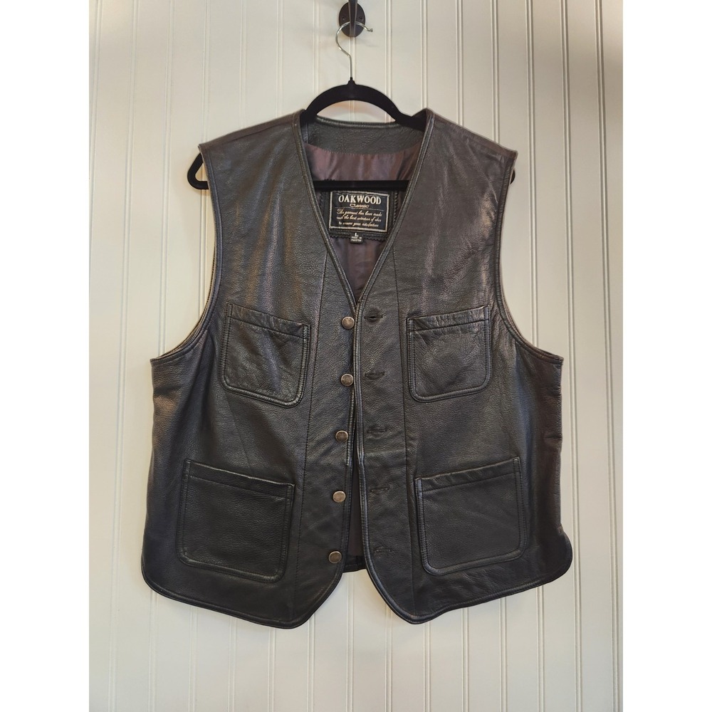 Vintage 1980s‎ Oakwood Men's Black 100% Leather Riding Vest Size L Biker Rugged